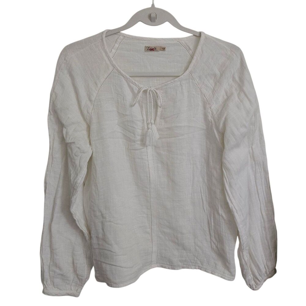 Faherty Celina Top Small White Long Sleeve Gauzy Peasant Blouse‎ Organic Cotton